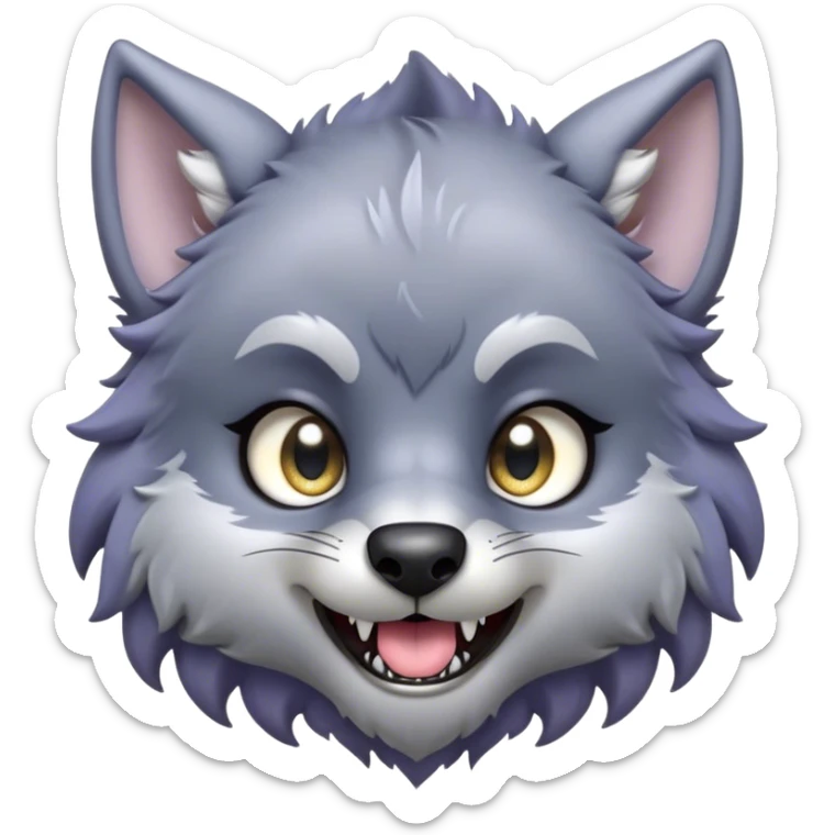 Cinematic Cute Werewolf Portrait Emoji, with a cuddly, miniature lupine form in soft moonlit grays and silvers, featuring oversized sparkling eyes and a sweet, endearing snarl, simplified yet irresistibly adorable, highly detailed with a gentle glowing outline that captures the playful, heartwarming essence of a little werewolf! sticker