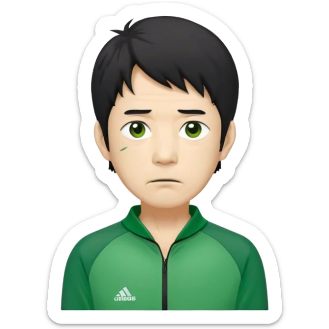 Seong Gi-hun : age 60, skinny and bony face, small mouth, unkempt black hair and tired eyes, Green player tracksuit. sticker
