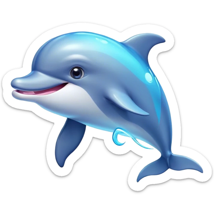 Cinematic Cheeky Dolphin Portrait Emoji, With a playful tilt of its head and a mischievous sparkle in its eyes, showcasing a sleek, shiny body accented by a quirky, animated smile and a cheeky wink, Simplified yet hilariously endearing features, highly detailed, glowing with a vibrant, sassy aquatic glow, high shine, spirited and fun, stylized with an air of quirky marine mischief, soft glowing outline, capturing the essence of a super cute dolphin that looks ready to splash its way into viral fame with playful charm! sticker