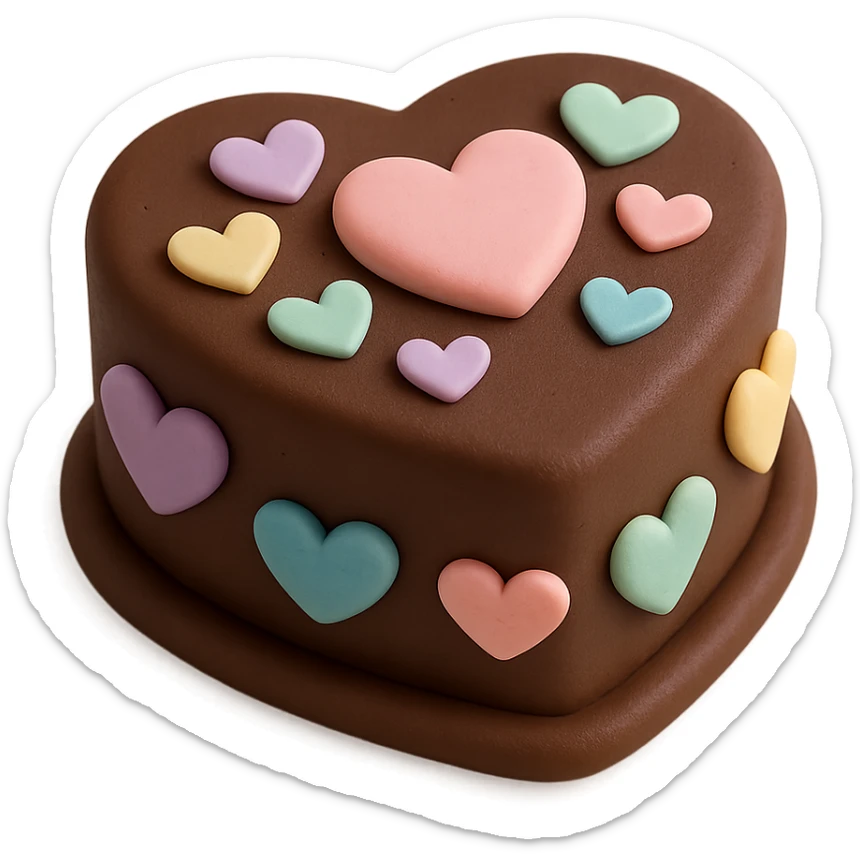 heart-shaped chocolate fondant cake with pastel fondant hearts, transparent background sticker
