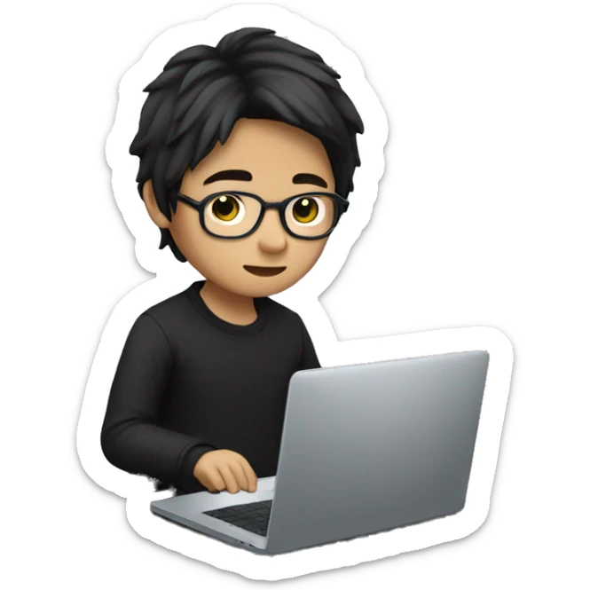 asian boy with glasses, long hair working, wearing black clothes , on his laptop  sticker