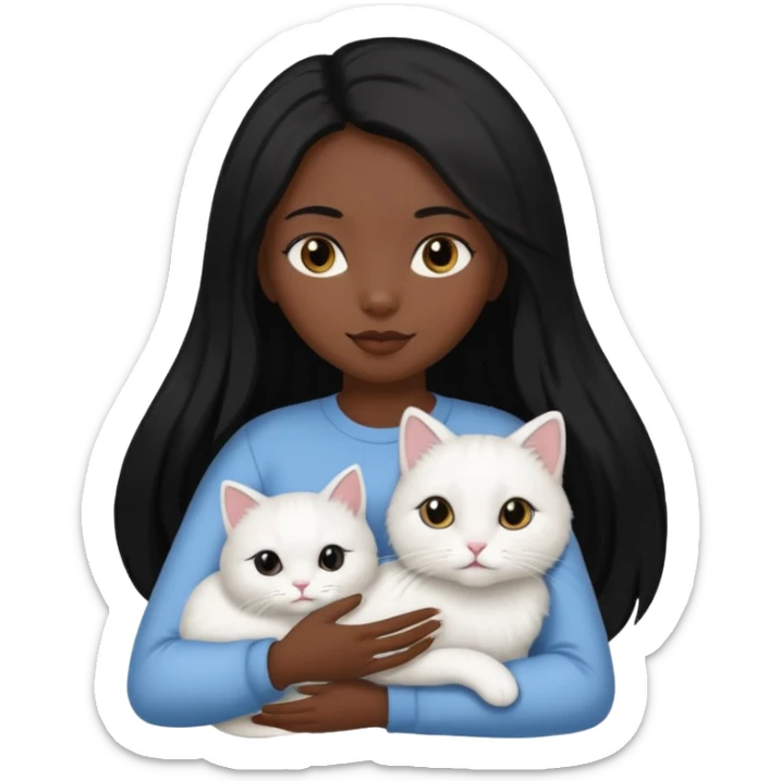 black girl with straight long black hair with a side part.  holding a female white cat sticker