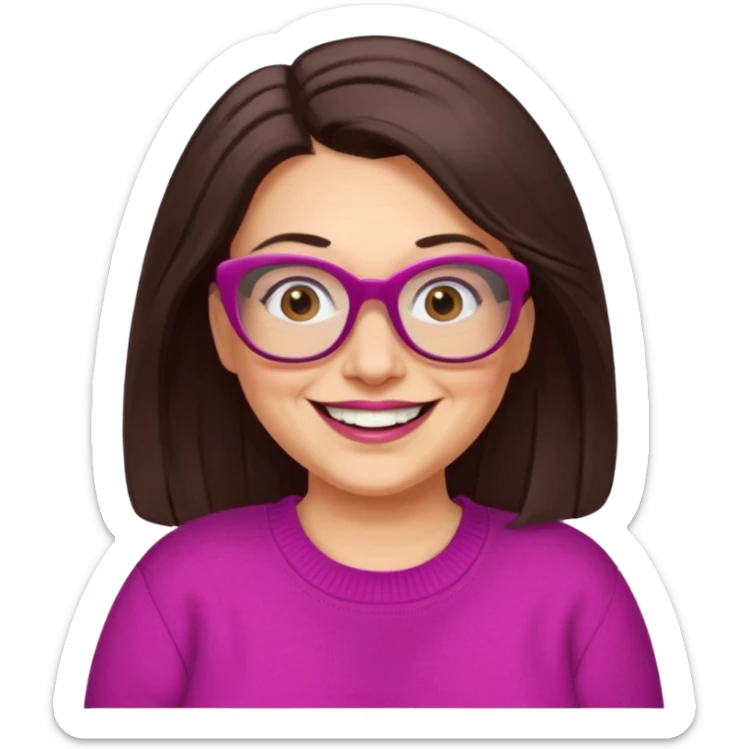 50 yr Caucasian woman, long dark brown hair parted on side, brown eyes, brown glasses, big smile, white teeth, fuscia sweater, chubby,  sticker