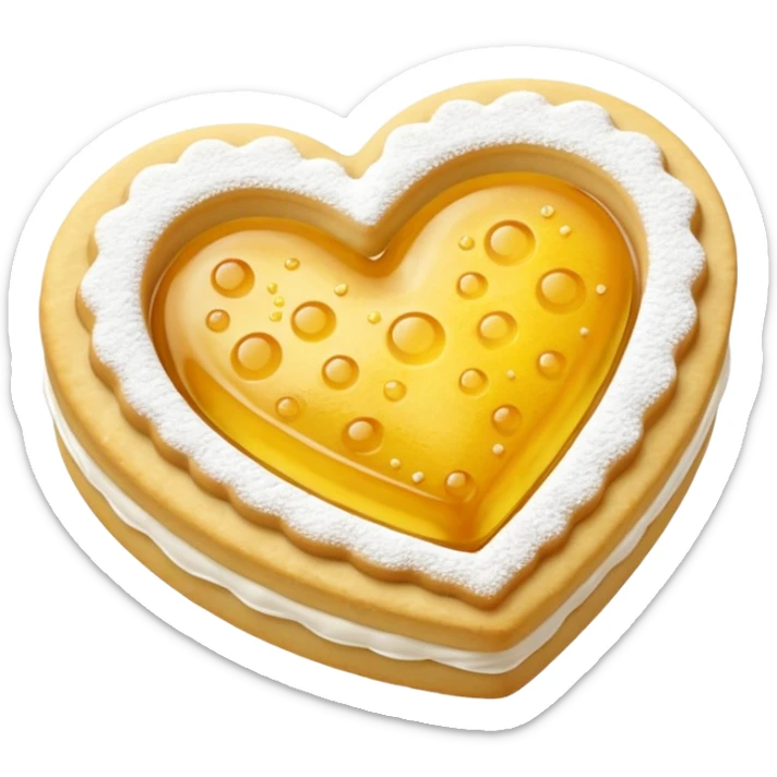 Realistic shortbread cookie in the shape of a heart with color of lemon jelly middle filling and sprinkled powder sugar on top. sticker