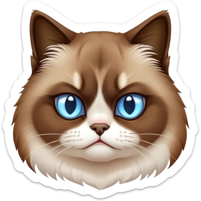 Cinematic Meme-Worthy Grumpy Snowshoe Cat Portrait Emoji, Head held high but eyes filled with dramatic disappointment, soft brown fur, white paws planted firmly in defiance, signature grumpy cat frown perfectly etched on its face, icy-blue eyes radiating pure disapproval, Simplified yet hilariously over-exaggerated features, highly detailed, glowing with an aura of supreme annoyance, high shine, exhausted yet judgmental, stylized with an almost regal pettiness, bright but brooding, soft glowing outline, capturing the essence of a feline that has seen it all and is thoroughly unimpressed, so meme-worthy it feels like it could instantly become the next viral sensation of grumpiness! sticker