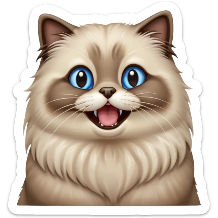 Cinematic Adorable Fluffy Brown Seal Ragdoll Cat Portrait Emoji, Head tilted cutely with big, sparkling blue eyes, soft brown seal-colored fur with darker points on the ears, face, and paws, Simplified yet irresistibly adorable features, highly detailed, glowing with a soft, warm glow, high shine, yawning in a peaceful and playful manner, stylized with a touch of whimsy, bright and endearing, soft glowing outline, capturing the essence of a relaxed and loving kitten, so cute it feels like it could leap out of the screen and stretch into a cozy nap! sticker