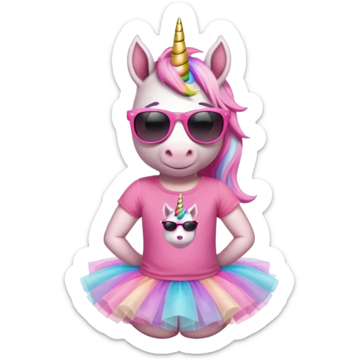 friendly anthropomorphised female unicorn in tutu and pink t-shirt, wearing dark sunglasses, relaxed pose, head and shoulders portrait sticker