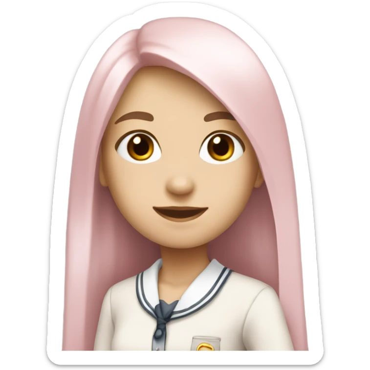a girl with fair skin, soft pink and white school uniform, long straight hair sticker