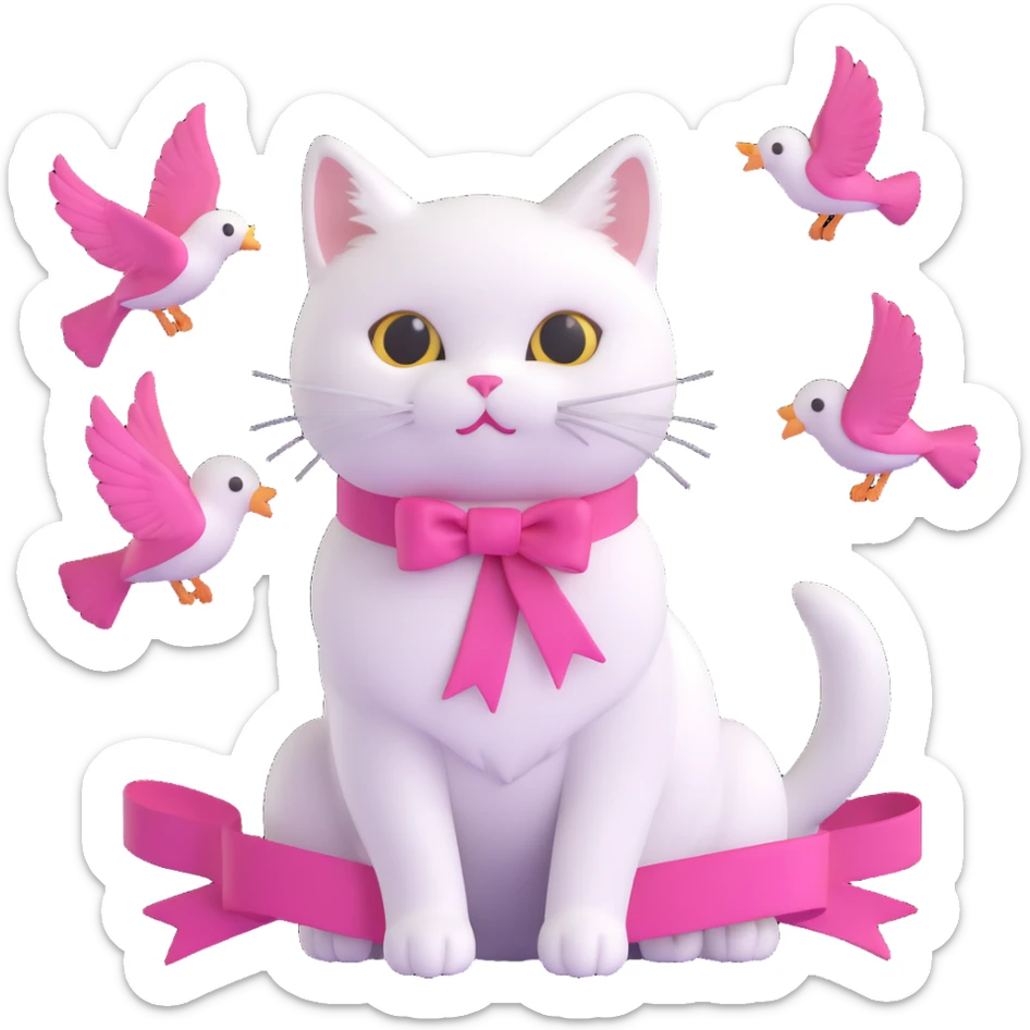 cute white cat with a pink ribbon sitting and looking at the sparkling sea, with birds flying in the sky, soft 3D iOS style with rounded shapes and bright, playful colors sticker