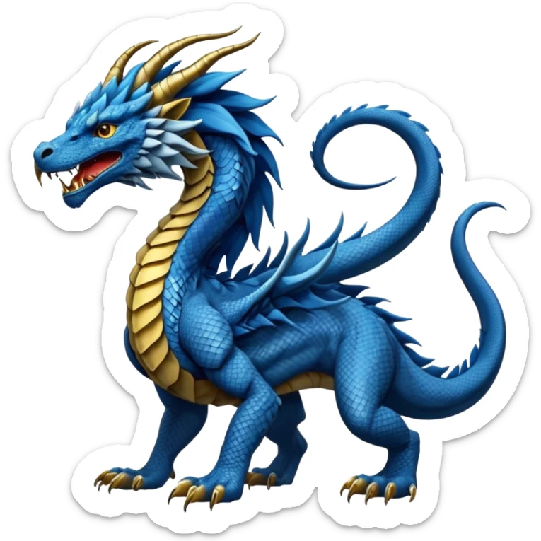 Mušḫuššu, long scaled dragon-serpent body, blue or turquoise, lion-like mane, strong lion forelegs with feline paws, bird-like eagle talons for back legs, long neck, head half dragon half lion, lizard tail, snake tongue, no wings, ancient and regal but terrifying sticker