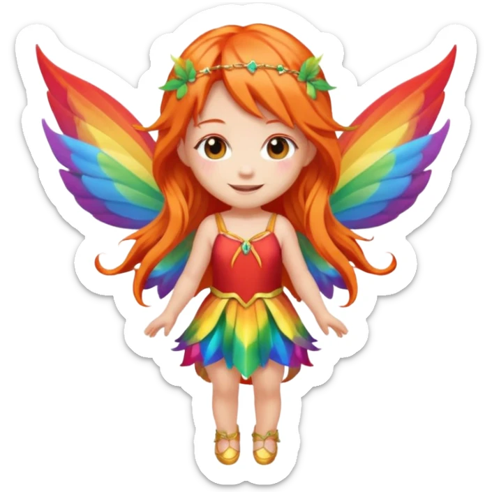 fairy with long orange hair, rainbow wings, red dress, happy, chibi full body sticker