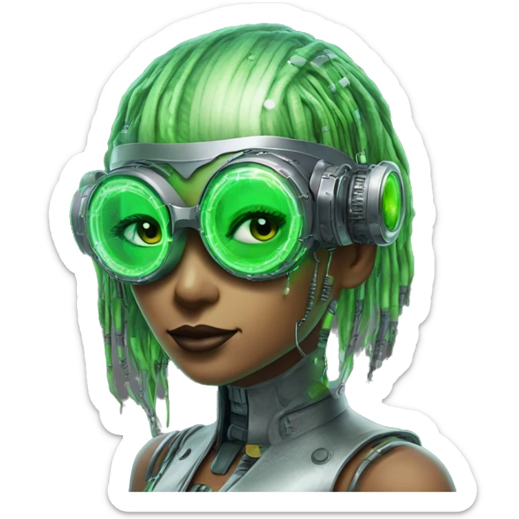Neon green bobbed hair Latina female cyborg head with silver steampunk goggles and circuits sticker