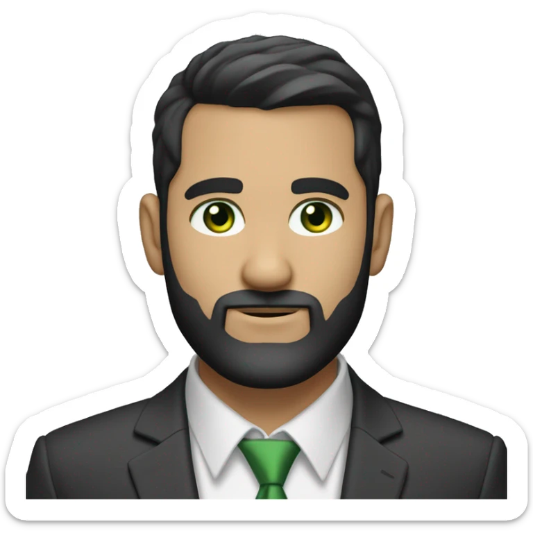 Finance guy, short black hair, green eyes, suit, beard like 3 days, white skin. crewcut sticker