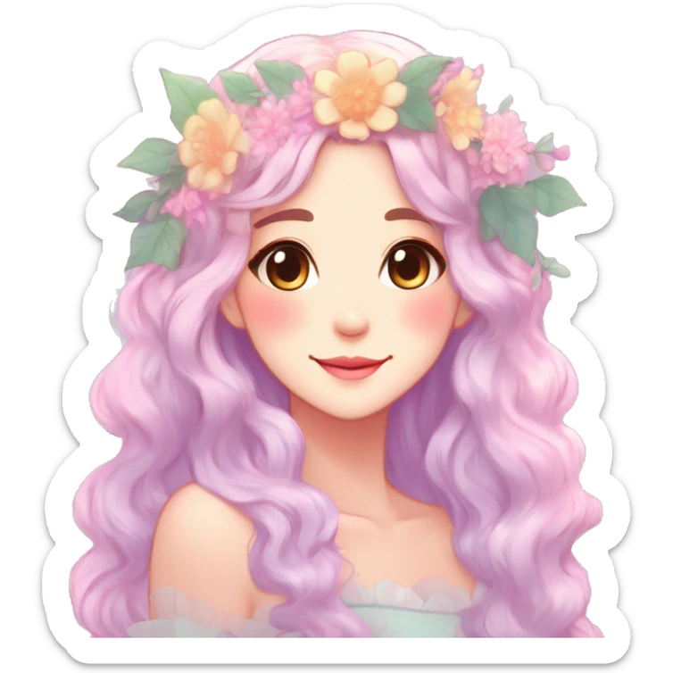 Gorgeous Shiny Colorful Pastel Anime Style Mature Lady with blushing face and pretty hair with a flower crown pastelcore kawaii cottagecore fairycore aesthetic trending style sticker