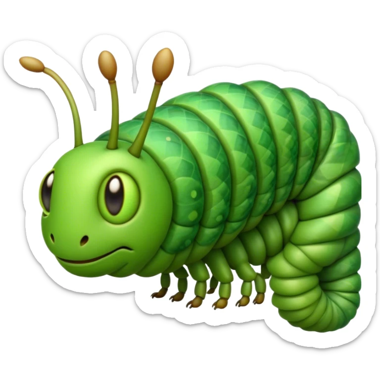 Cinematic Realistic Noble Caterpillar Portrait Emoji, Poised and serene, with a slender, segmented body covered in vivid, detailed green scales accented by subtle natural patterns, and a tiny, focused face with delicate, inquisitive eyes, rendered with lifelike texture and soft natural lighting, high shine, intelligent and delicate, styled with an air of woodland elegance, focused and attentive, soft glowing outline, capturing the essence of a watchful and confident looper caterpillar that appears ready to inch gracefully out of the screen with natural authority! sticker