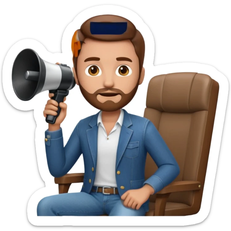 film director emoji with a modern megaphone and director's chair, brown hair and short beard, jeans and a undershirt with blazer top.  sticker