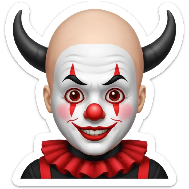 Crea un payaso con toda la cara blanca sin pelo con cuernos de color negro, que su cuerpo tenga un traje de payaso negro con rojo sticker