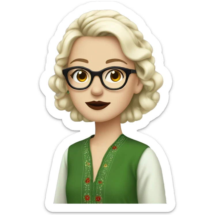 White girl in a green kurta with flower design, glasses, piercing, red lips, nose ring, full body, teen, short edgar hair,  sticker