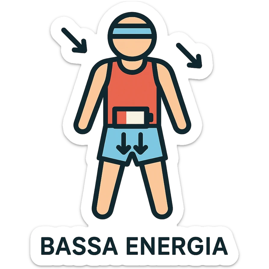 infografica in italiano, atleta con simbolo di batteria scarica nella zona pelvica, frecce che indicano Bassa energia e Stanchezza, colori tenui, stile medico, sfondo bianco sticker