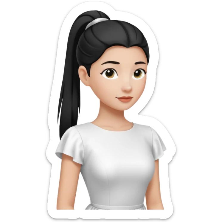 floating black sleek ponytail above white dress with white sleeves, no head or face, elegant simple sticker