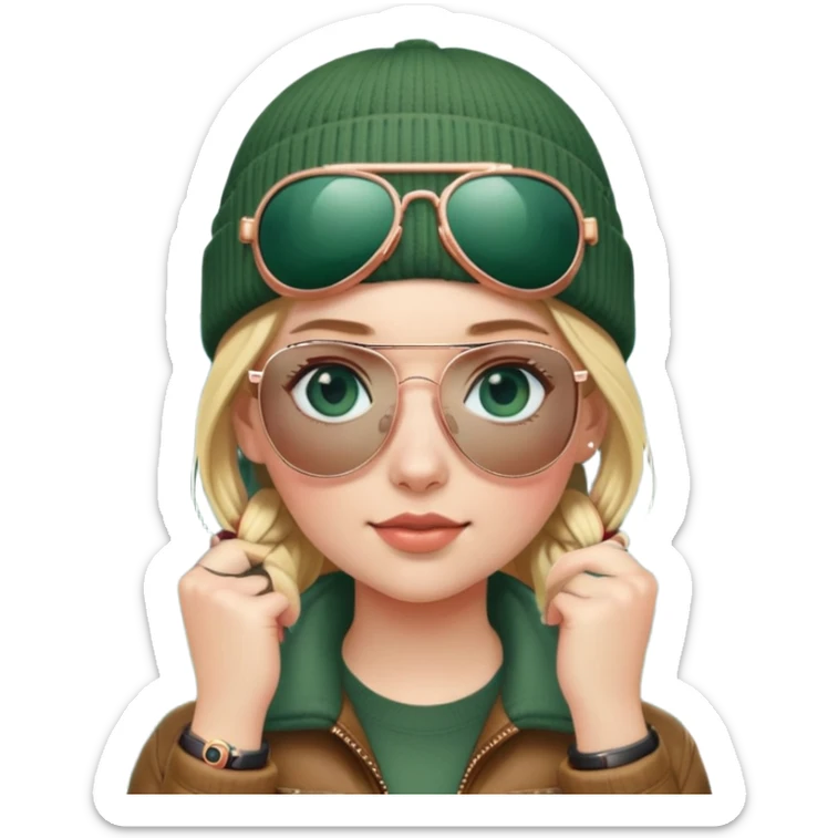girl with pigtailed blond hair
with blue eyes
and aviator sunglasses
wearing beanie
wearing (rose gold apple watch with forest green band) sticker