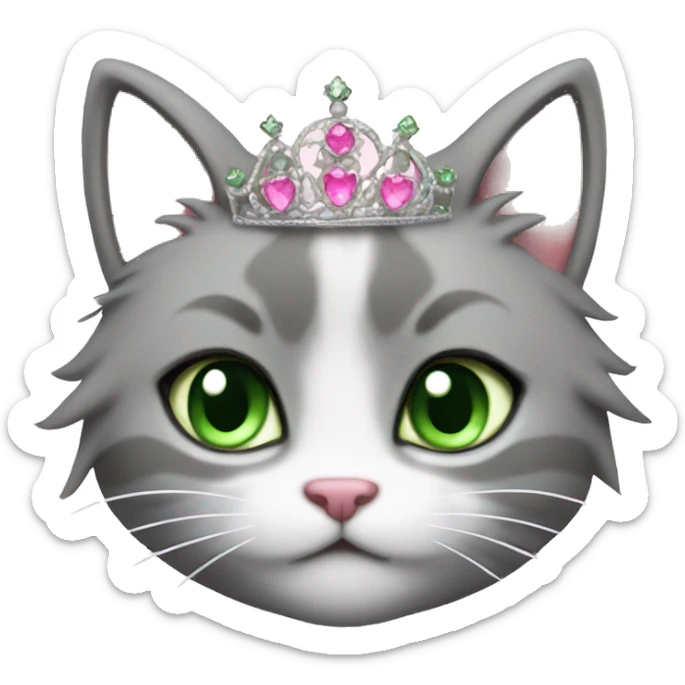 fluffy cat with green eyes in a princess dress and a pink tiara sticker