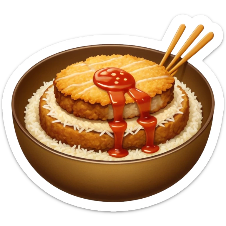 katsudon in a bowl: bowl filled with rice, a bit of sauce over the rice and a breaded pork cutlet sticker