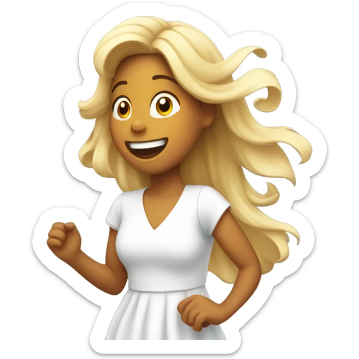 smiling girl in white dress singing hair blowing in the wind sticker