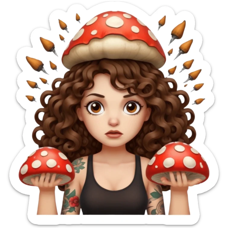 woman with long curly brown hair, brown eyes, white skin, tattoos, unimpressed stare while mushroom explodes behind her sticker