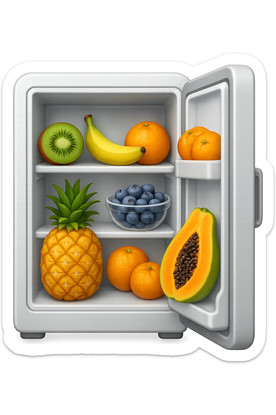 emoji stile iphone di un frigo aperto con dentro ben visibili questi alimenti: Kiwi
Banana acerba
Arance e mandarini
Mirtilli
Ananas
Papaya
IPERREALISTICO 4K sticker