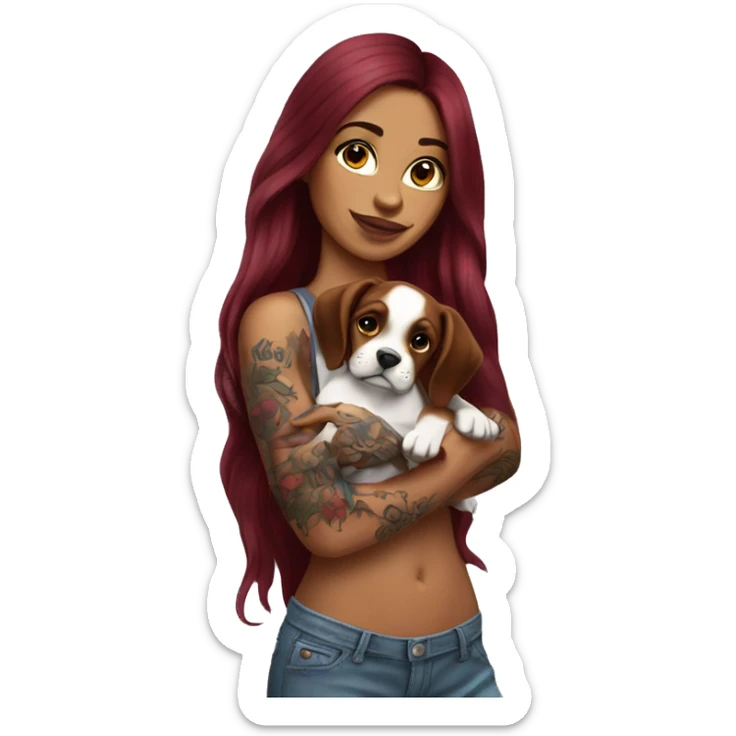 Beautiful tattooed  burgundy long haired woman holding a boxer puppy sticker