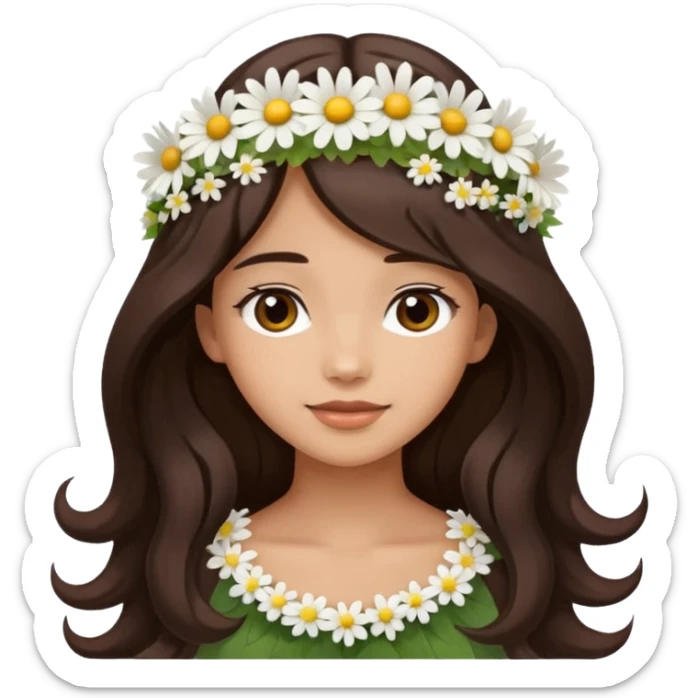 Medium skin tone female, long dark-brown hair with gentle waves, wearing a white daisy floral crown. sticker