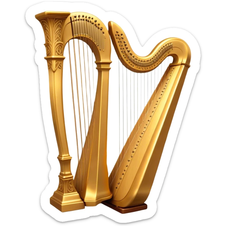 Cinematic Realistic Harp, a grand golden harp with intricately carved details, delicate strings shimmering under soft candlelight, rich wood tones adding warmth, a musician’s gentle fingers plucking a note, glowing with an ethereal and majestic aura. sticker