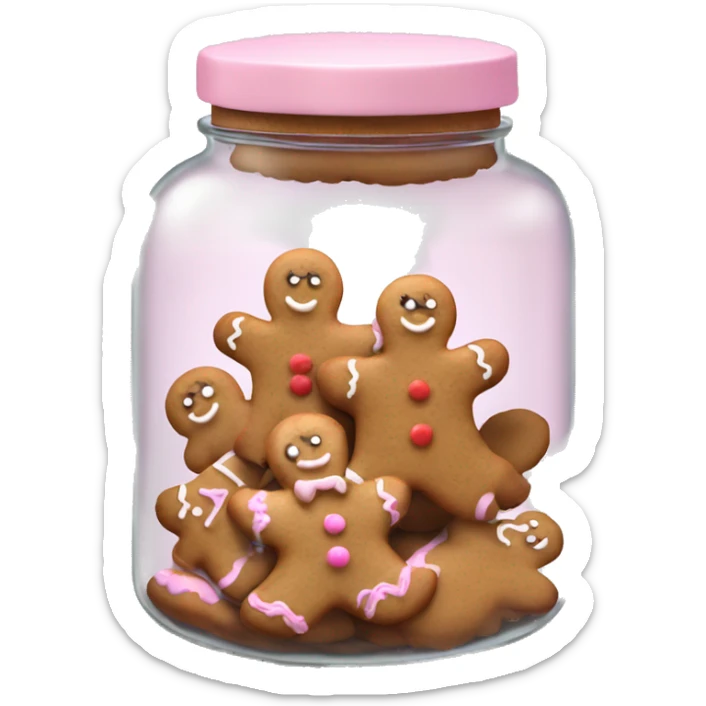 Realistic glass cookie jar with light pink lid full of gingerbread cookies isolated.  sticker