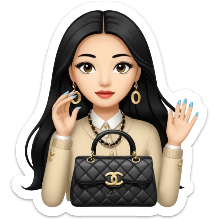 on est à Dubaï une chinoise avec des très très très beaux ongles et des très très très long  faux cils avec des sacs Chanel et un vêtement Chanel sticker