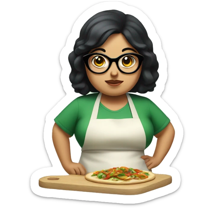 chubby lady with black hair and big eyes green apron  with glasses cooking  sticker