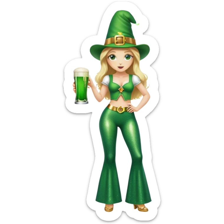 Blonde haired pretty woman in glittery green bell bottoms and tall leprechaun hat holding a green beer sticker