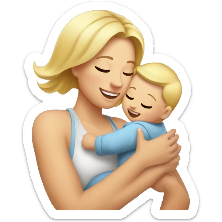 an EMOJI of a young mother with blonde hair, waist-up portrait, joyfully lifting baby in the air. The mother is lifting the baby with raised hands above hear head and they look into each other eyes sticker