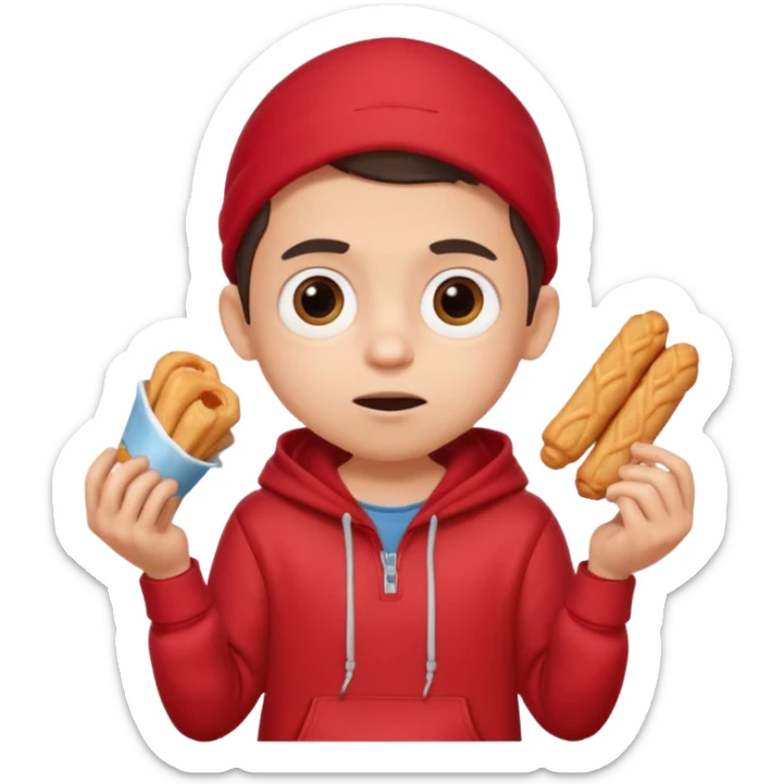 ute funny Spanish cartoon boy named Peque Tito, red hoodie, denim shorts, big expressive eyes, holding a churro, Pixar-style, viral character.” sticker
