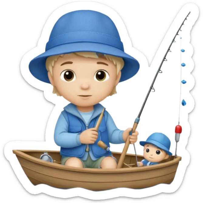 Little boy on a little boat fishing, felt texture, scrapbooking, precious moments style character sticker