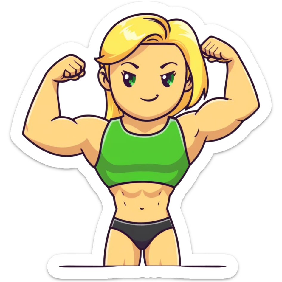 full body pose of a muscular white girl with blonde hair and green eyes, flexing 6 pack abs and one arm bicep sticker