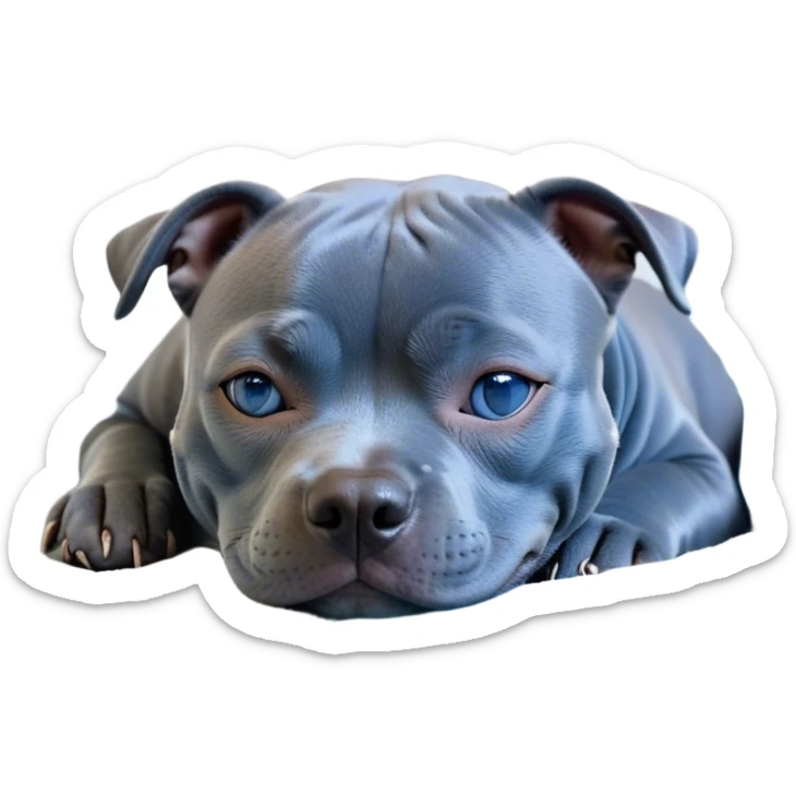 Meme-Worthy Cute Sleeping Blue Staffordshire Bull Terrier Portrait Emoji, Head resting peacefully with a contented smile, showcasing a delightfully compact build and a luxuriously soft blue Fur, eyes shut in a serene nap, Simplified yet hilariously adorable features, highly detailed, glowing with a soft, drowsy light, high shine, relaxed and utterly lovable, stylized with an air of playful laziness, bright and heartwarming, soft glowing outline, capturing the essence of a comically sleepy guardian, so meme-worthy it feels like it could instantly become the next viral sensation of adorable slumber! sticker