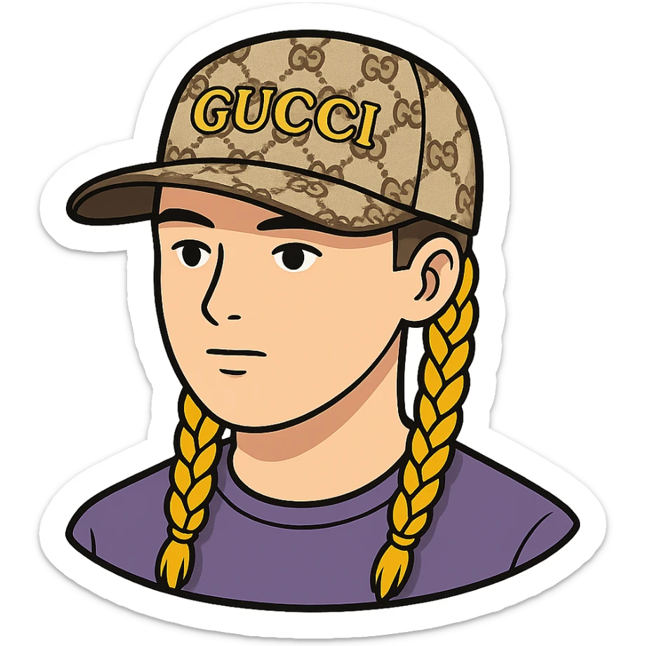Homme avec des tresses plus courtes et une casquette Gucci, style sticker, sans fond. Note: style sticker does not support editing, so using general style editor with sticker style intention. sticker