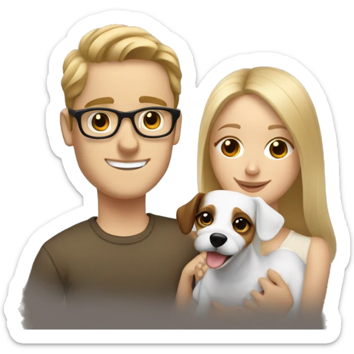 Blonde girl and her white boyfriend with brown hair and glasses cuddling a jack Russell  sticker