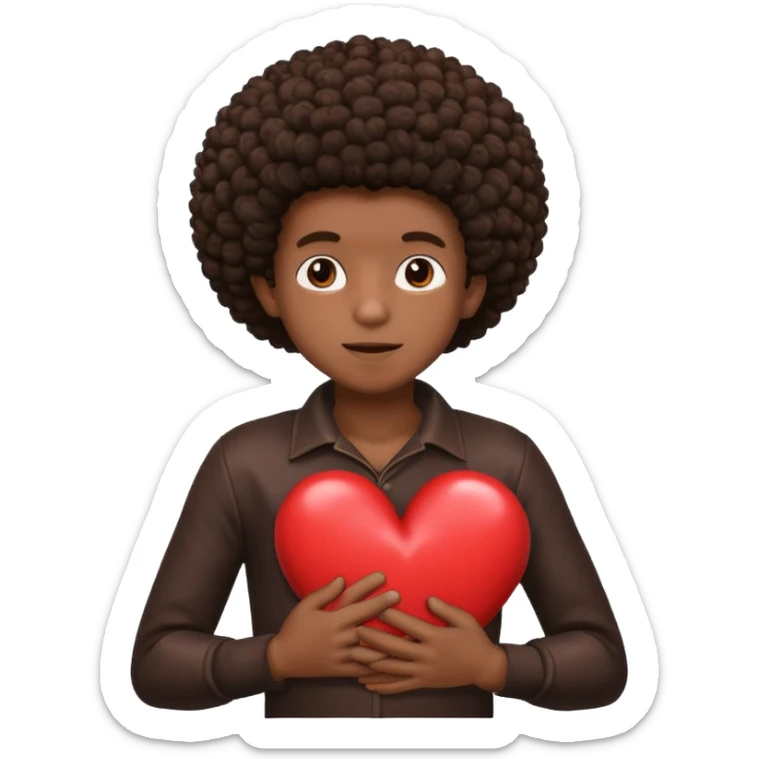 I want a black boy with chocolate skin and an afro holding a heart close to his chest as if to present it to someone he loves. sticker