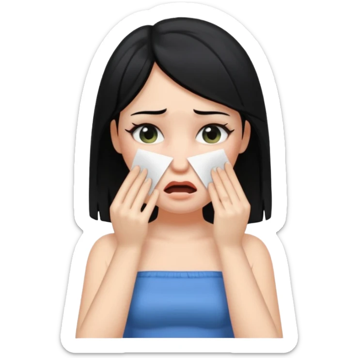 making a white skin black hair girl wearing tube using paper to swipe her tears because of stress ios memoji style sticker