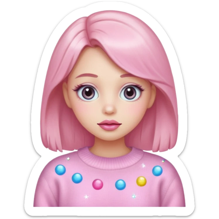 “Emoji girl, pastel pink blush, sparkly wide eyes, glossy bubblegum lips wearing oversized pastel sweater.” sticker
