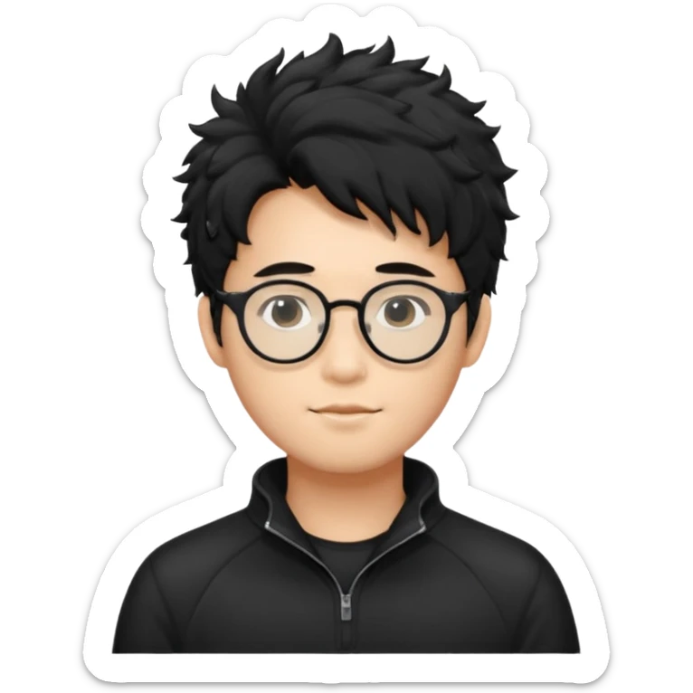 Make an Asian male with black fluffy messy hair wearing a black quarter zip and glasses sticker