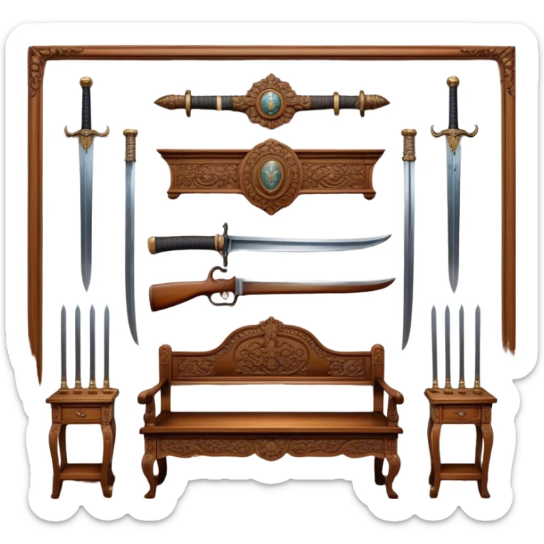 Icon for Antiques Collecting: vintage intricately carved furniture, famous paintings, antique swords, and rifles. The items are displayed on a wooden table or shelf. The icon should evoke the rich history and craftsmanship of antique collecting. Transparent background. sticker