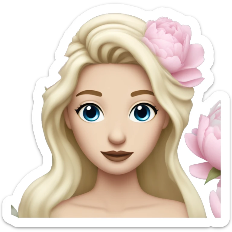 White bride with long light blonde hair and blue eyes with light pink peonies in hair white skin  sticker